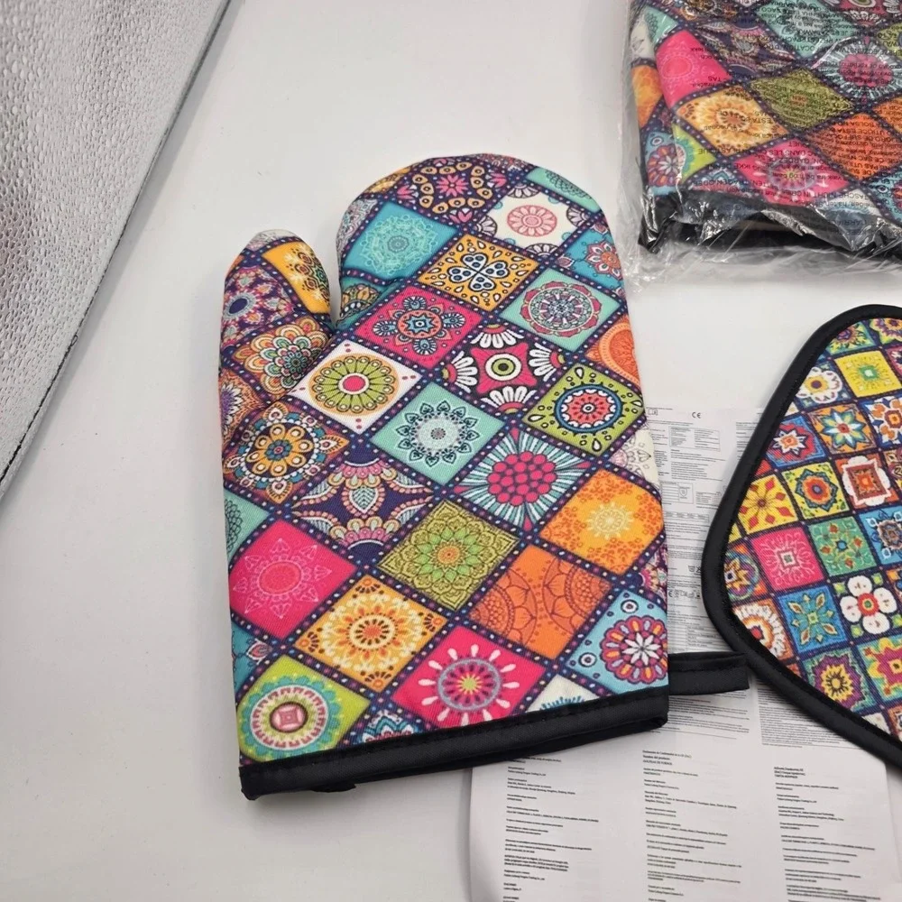 Mandala Patchwork Oven Mitt and Pot Holder Set 3 Piece Colorful Boho Kitchen L4